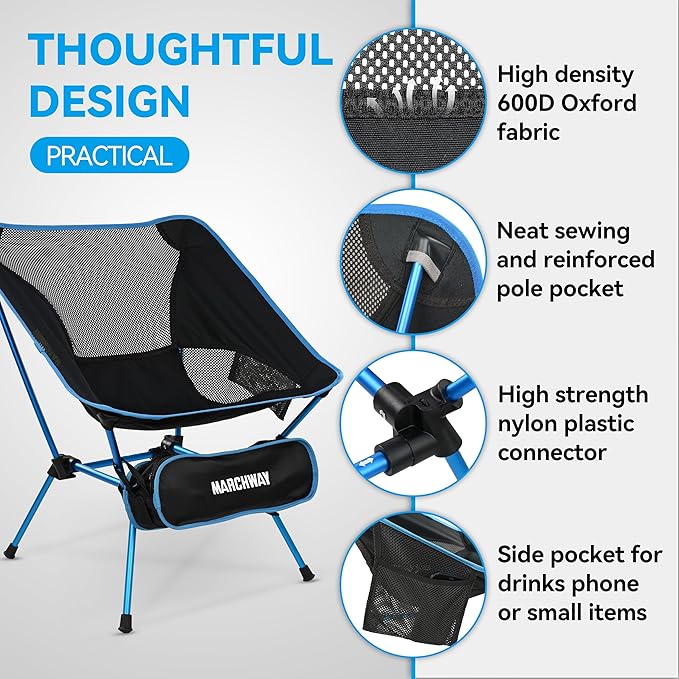 MARCHWAY Ultralight Folding Camping Chair, Heavy Duty Portable Compact for Outdoor Camp, Travel, Beach, Picnic, Festival, Hiking, Lightweight Backpacking (Sky Blue)
