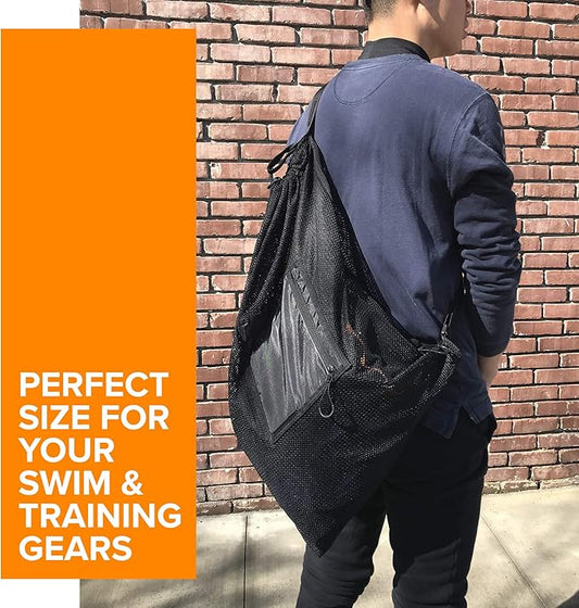 Fitdom Large Mesh Swim Drawstring Sling Bag. Best for Swimming, Gym & Beach