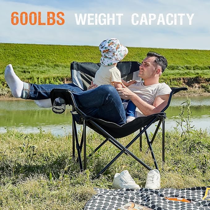 PORTAL Oversized Camping Chair Big and Tall Folding Camp Chair Portable Lawn Chairs Heavy Duty Foldable XXL Outdoor Camping Chair for Adults, Support Up to 600 lbs, Black/Grey