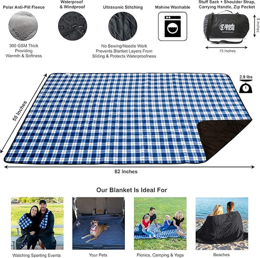 BRAWNTIDE Large Outdoor Waterproof Blanket - Quilted, Extra Thick Fleece, Warm, Windproof, Sandproof, Includes Stuff Sack, Shoulder Strap, Ideal for Beaches, Picnics, Camping, Stadiums, Dogs, Car