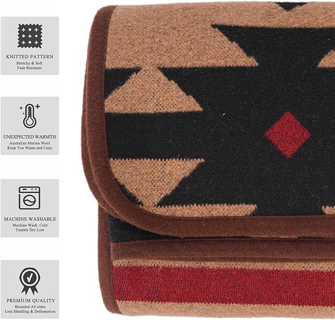 PuTian Merino Wool Blanket - 51" x 63" Thick Warm Soft Washable Twin Throw - Great for Bed Couch Camping Outdoor Pets Travel, Khaki