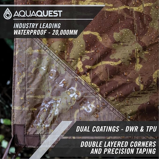 AquaQuest Defender Camping Tarp - Heavy Duty Tent Shelter or Rain Fly - Waterproof Camping Essentials for Hiking, Bushcraft & Hammock, 15 x 15 ft, True Terrain