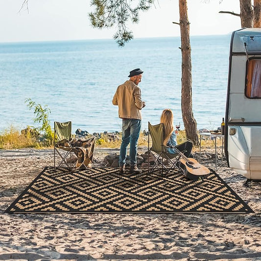 GENIMO Outdoor Rug 4x6 Waterproof, Reversible Mats, Outdoor Area Rug, Plastic Outside Carpet, Eeometric Rv Mat for Patio Camping Rv Picnic Backyard Deck Balcony Porch Beach Trailer (Black & Brown)