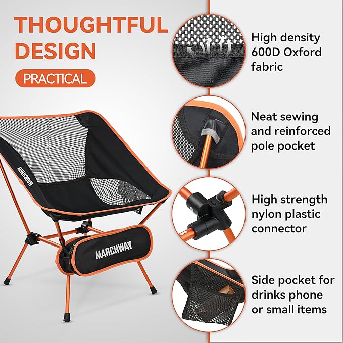 MARCHWAY Ultralight Folding Camping Chair, Heavy Duty Portable Compact for Outdoor Camp, Travel, Beach, Picnic, Festival, Hiking, Lightweight Backpacking (Orange)