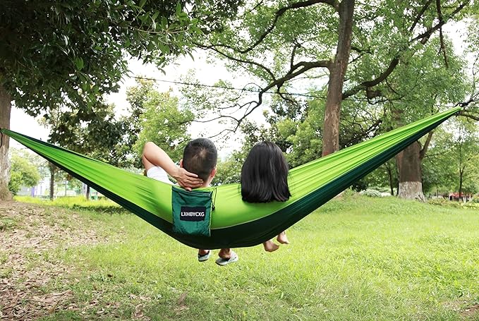 Camping Hammock Double & Single Portable Hammocks Ultralight Nylon Parachute Hammocks with 2 Tree Straps for Backpacking, Travel, Beach, Backyard, Camping, Hiking (Large, Army Green)
