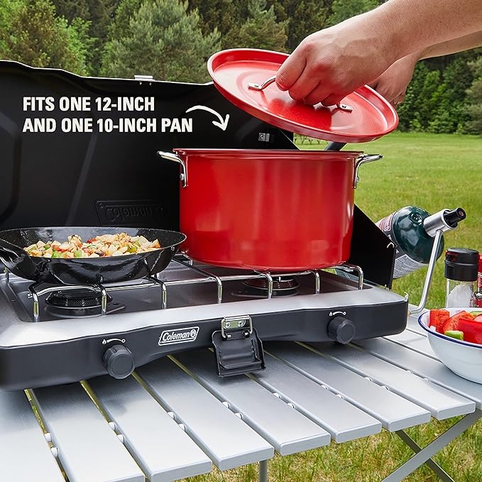 Coleman Triton+ 2-Burner Propane Camping Stove with InstaStart Ignition, Portable Camping Cooktop with 2 Adjustable Burners & Wind Guards, 22,000 BTUs of Power for Camping, Tailgating, Grilling