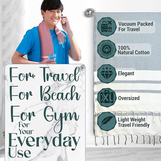 Cotton Travel Towel Quick Drying Camping Pool Hiking Large Size 39" x 78" Compact Vacuum Pack Lightweight Absorbent Breathable Keep Warm Blanket (Mint Green)