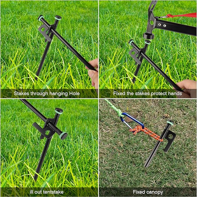 4 Pack Tent Stakes Heavy Duty Metal Tent Pegs with 10in Steel Tent Stakes+Fluorescent Silicone Rings+Special Bag for Camping Used on Rocks, Grassland (10in - 4 Pack)