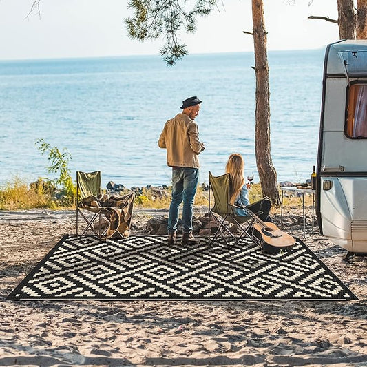 GENIMO Outdoor Rugs 8x10 Waterproof, Reversible Mats, Area Plastic Straw Rug, Outside Carpet, Geometric Rv Mat for Patio Camping Rv Picnic Backyard Deck Balcony Porch Beach Trailer (Black & Beige)