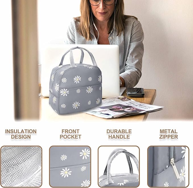 Sonuimy Insulated Lunch Bag Women Girls, Reusable Cute Tote Lunch Box for Adult & Men, Leakproof Cooler Lunch Bags for Work Office Travel School Picnic (Grey with White Daisy)