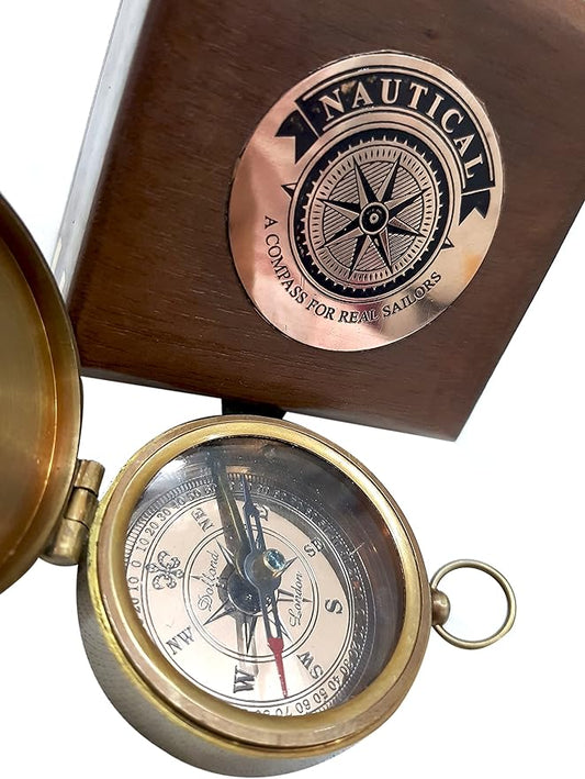 Magnetic Marine Brass Compass with Wooden Box – 2" Antique Nautical Compass for Navigation, Sailing, Hiking, Camping – Vintage Gift for Sailors & Collectors