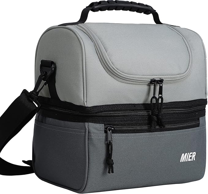 MIER Adult Lunch Box Insulated Lunch Bag Large Cooler Tote Bag for Men, Women, Double Deck Cooler （Dark Grey/Grey, Large）