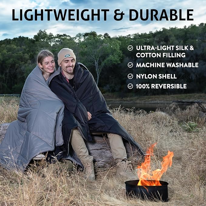 Waterproof Camping Blanket Large - Lightweight Backpacking Outdoor Travel Blanket With Detachable Hood & Carry Bag - Insulated Down Blanket & Warm Quilt for Camping, Hiking, Picnic, Stadium & festival