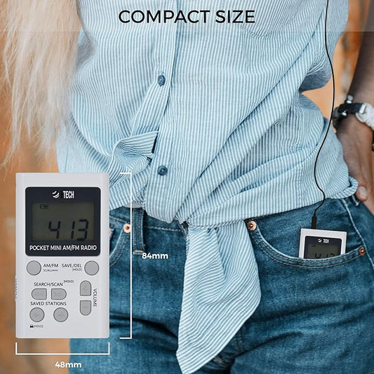 BTECH MPR-AF1 AM FM Personal Radio with Two Types of Stereo Headphones, Clock, Great Reception and Long Battery Life, Mini Pocket Walkman Radio with Headphones (White)
