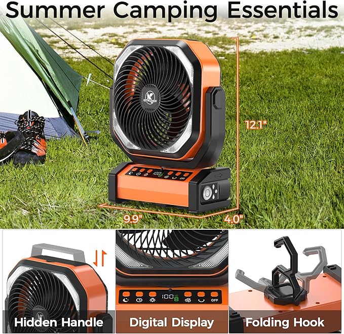Camping Fan with Light - 20000mAh Rechargeable Battery Fan, 112Hrs Max Run Time, 9 Speeds, Digital Display, Timer, Auto Oscillation, 270° Pivot & Hook for Camping, Power Outage, Hurricane (Orange)