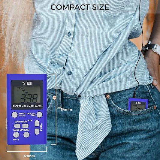 BTECH MPR-AF1 AM FM Personal Radio with Two Types of Stereo Headphones, Clock, Great Reception and Long Battery Life, Mini Pocket Walkman Radio with Headphones (Blue)