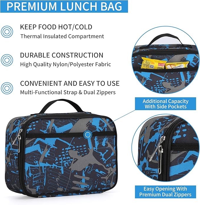 rickyh style Lunch Box with Padded Liner, Spacious Insulated Lunch Bag Durable Thermal Lunch Cooler Pack with Strap for Men Women Boys Girls Adults School Sports Beach Picnic Work Camp,2 Pocket