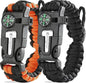 aZengear Paracord Survival Bracelet (2 Pack) | Flint Steel Fire Starter, Whistle, Compass, Mini Saw | Adjustable Wrist Band Size for Camping, Bushcraft, Emergency Kit (Black & Orange)
