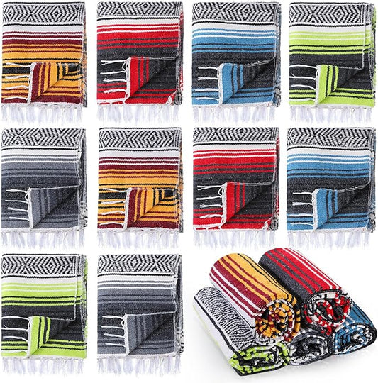 Preboun 10 Pieces Mexican Blanket Bulk Authentic Woven Yoga Blanket Large Picnic Camping Blanket Colorful Striped Serape Blanket for Beach Outdoor Grass Car Home Throw Blanket (Mixed Color)