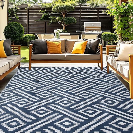 OPPODREAM Outdoor Rug 5x8 Ft, Waterproof Outdoor Plastic Straw Rug for Patio, Reversible Out Door Carpet for Camping, Deck, Rv, 5 x 8 Area Carpet for Balcony, Porch, Backyard, White and Navy Blue