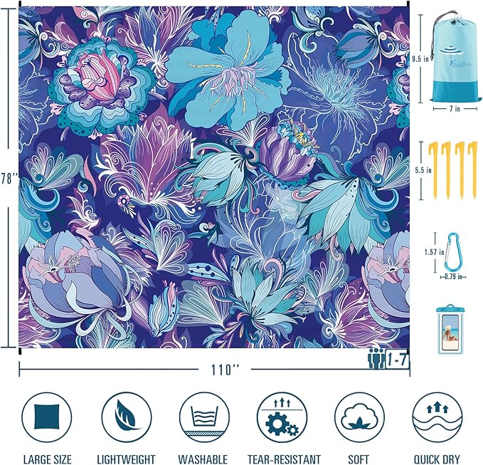 Beach Blanket Sandproof Waterproof 78''×110'' 1-7Adults Oversized,Compact Lightweight Durable Beach Mat for Travel Camping Hiking Picnic Blanket