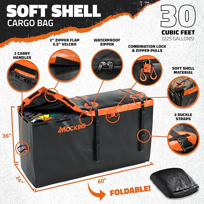 Mockins 60"x24"x6" Heavy Duty Trailer Hitch Cargo Carrier & 30 CuFt Waterproof Cargo Bag for Hitch Carrier w/ 6 Packing Cubes | Folding Luggage Rack for SUV, Car & Truck w/Basket & Bag Accessories