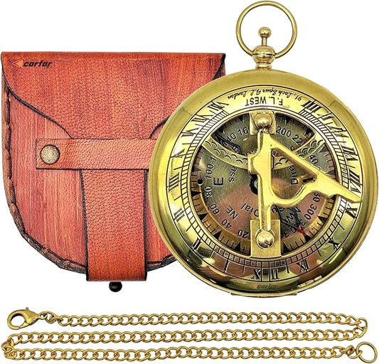 Nautical Sunclock Compass Handmade Solid Brass Vintage Style Sundial Push Open Navigational Compass with Leather Gift Case Best for Your Loved Ones