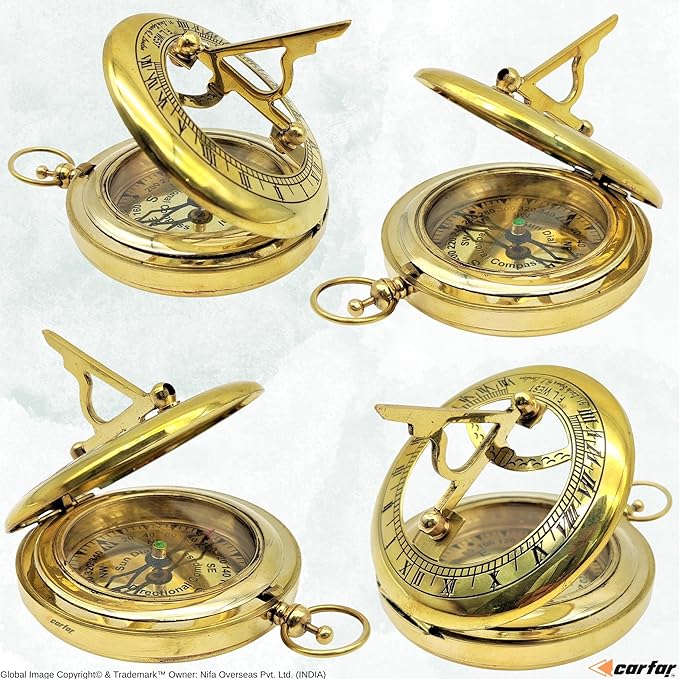 Nautical Sunclock Compass Handmade Solid Brass Vintage Style Sundial Push Open Navigational Compass with Leather Gift Case Best for Your Loved Ones