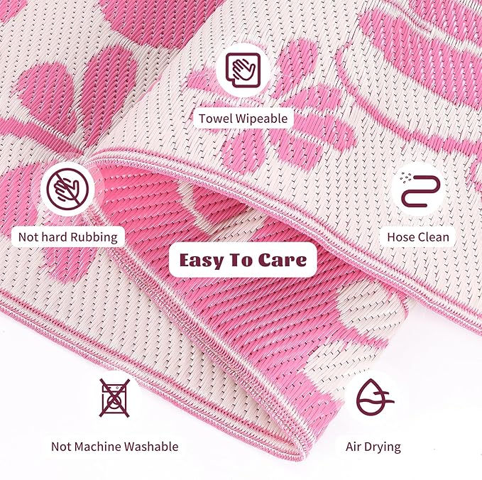 Ileading Outdoor Plastic Straw Rug 9x12ft Funny Floral Style Reversible Patio Area Rugs Waterproof Non Shedding Portable Carpets Large RV Rugs for Outside Deck Pool Beach Picnic Camping (Pink)
