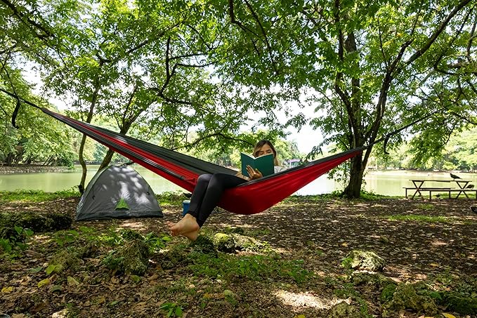 Durable Hammock 400 lb Capacity, Nylon Camping Hammock Chair - Double or Single Sizes w/Tree Straps and Attached Carry Bag - Portable for Travel/Backpacking/Beach/Backyard (Medium, Yellow & Blue)