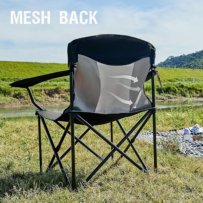 PORTAL Oversized Camping Chair Big and Tall Folding Camp Chair Portable Lawn Chairs Heavy Duty Foldable XXL Outdoor Camping Chair for Adults, Support Up to 600 lbs, Black/Grey