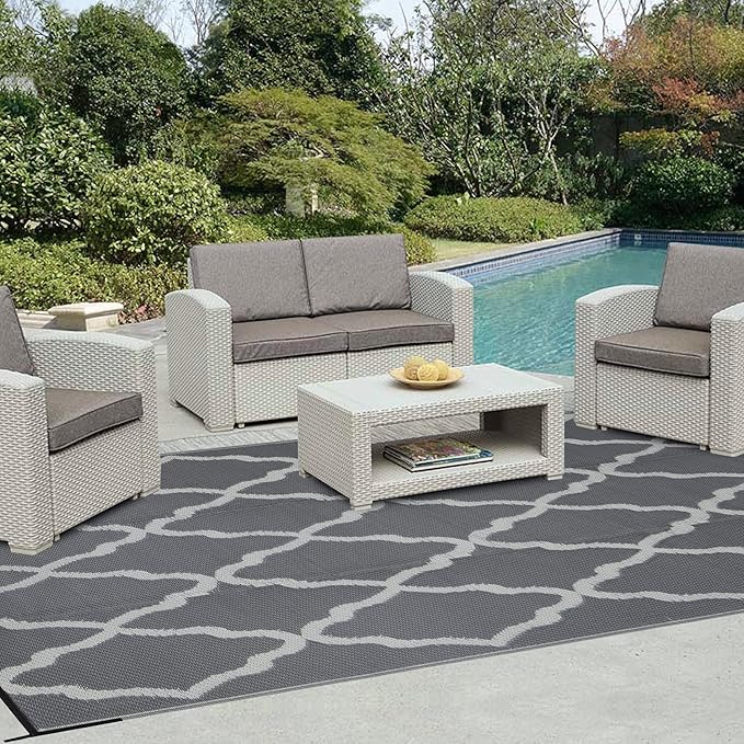 Easy-Going Reversible Outdoor Rugs 6x9ft Waterproof Plastic Straw Rug Stain & UV Resistant Floor Mat for Patio Porch RV Backyard Pool Deck Picnic Beach Trailer Camping (Moroccan Grey & Light Grey)