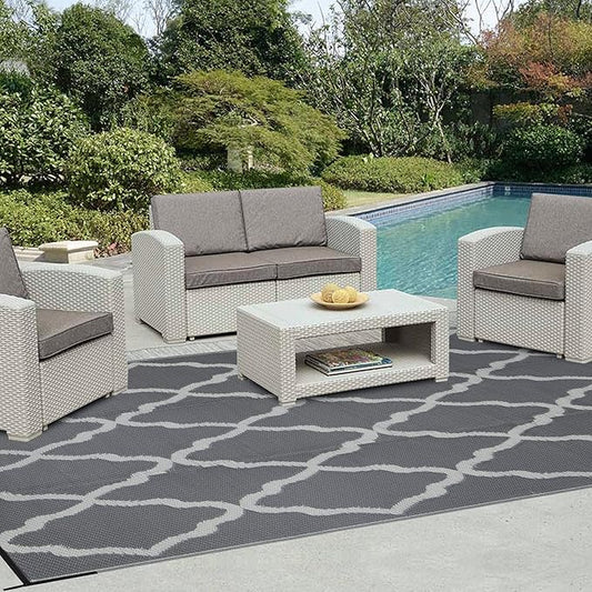 Easy-Going Reversible Outdoor Rugs 6x9ft Waterproof Plastic Straw Rug Stain & UV Resistant Floor Mat for Patio Porch RV Backyard Pool Deck Picnic Beach Trailer Camping (Moroccan Grey & Light Grey)