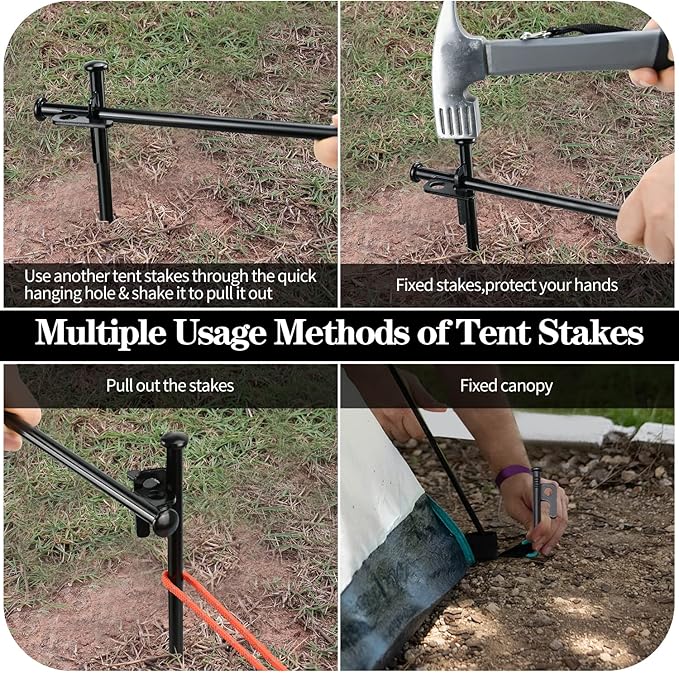 8pcs Tent Stakes and Hammer Set, 12in Heavy Duty Forged Steel Tent Stakes + Camping Hammer + Storage Pouch, Available in Rocky Place (8pcs 12in Stake+Hammer)