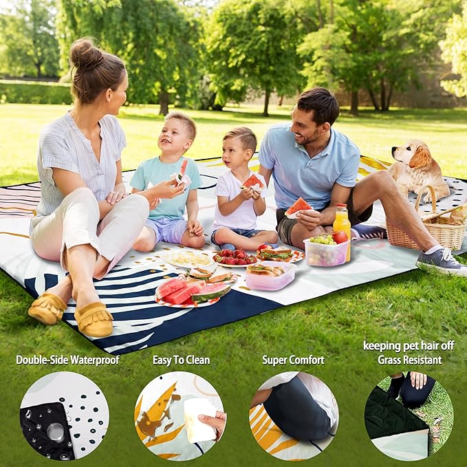 Picnic Blankets Beach Blanket 80" X 80" Extra Large Waterproof Camping Blankets Portable Outdoor Mat 3-Layer blanket for Beach, Hiking, Park, Music Festival, Grass Lawn,Travel