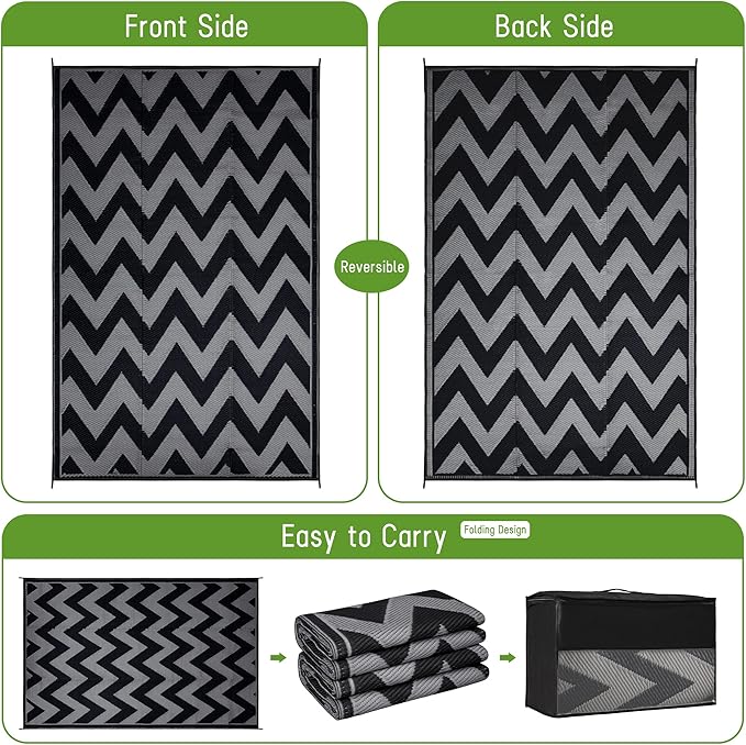 Easy-Going Reversible Outdoor Rugs 6x9ft Waterproof Plastic Straw Rug Stain & UV Resistant Floor Mat for Patio Porch RV Backyard Pool Deck Picnic Beach Trailer Camping (Waved Black & Grey)