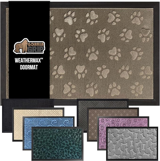 GORILLA GRIP 100% Waterproof All-Season WeatherMax Doormat, Durable Natural Rubber, Stain and Fade Resistant, Low Profile, Indoor Outdoor Doormats, Easy Clean Patio Entrance Mat, 17x29, Tan Pawprints
