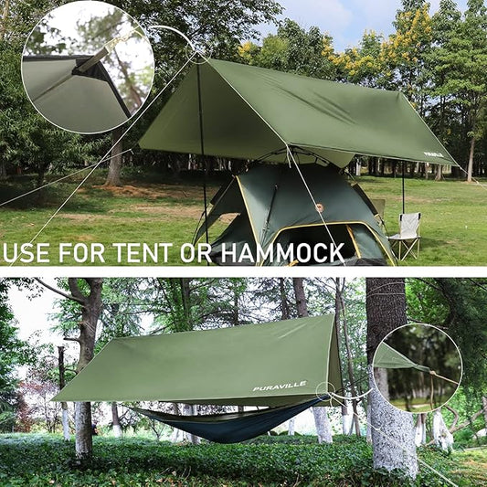 Puraville Camping Tarp Waterproof, Hammock Rain Fly Tent Tarp - 12 10 ft Rectangle Lightweight Camping Tarps, Portable Rain Fly for Camping Backpacking (Green)