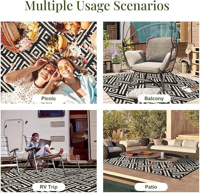 OPPODREAM Outdoor Rug 4x6 Ft, Waterproof Outdoor Plastic Straw Rug for Patio, Reversible Out Door Carpet for Camping, Deck, Rv, 4 x 6 Area Carpet for Balcony, Porch, Backyard, Black and Beige
