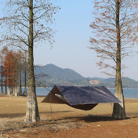 Hammock Rain Fly Tent Tarp Provides Effective Protection Against Rain, Snow. 32ft Long Ridgeline. Big 9.8x9.5ft Durable, Waterproof 210D Oxford. 6 Reflective Guy Lines, 2 Stuff Sacks. Easy Assembly