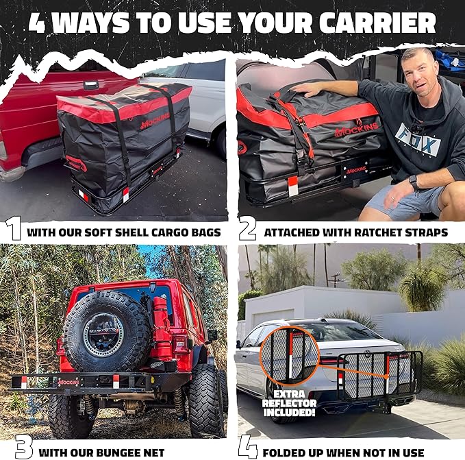Mockins 48"x18"x6" Heavy Duty Trailer Hitch Cargo Carrier & 15CuFt Waterproof Cargo Bag for Hitch Carrier w/ 4 Packing Cubes | Folding Luggage Rack for SUV/Car & Cargo Carrier Hitch Mount Accessories