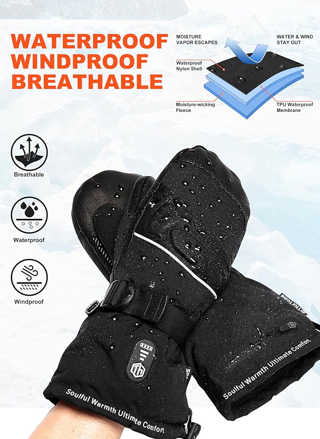 ThxToms Heated Mittens Gloves for Men Women, Rechargeable Heated Gloves with Touchscreen, 7.4V 3200mah Waterproof Winter Ski Gloves for Skiing Snowboarding Fishing,Camping, Hiking,L