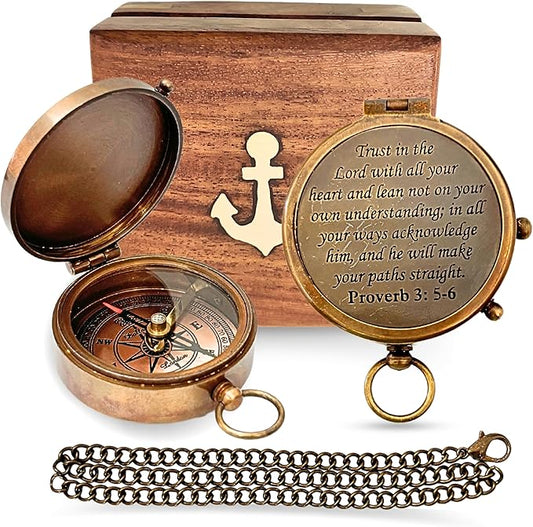 Trust in The Lord with All Your Heart - Proverbs 3:5-6 Quote Engraved Compass with Wooden Box or Leather case, Greeting Card, Gift Compass, Graduation Day Gifts 2025 for Women Men Boys Girls