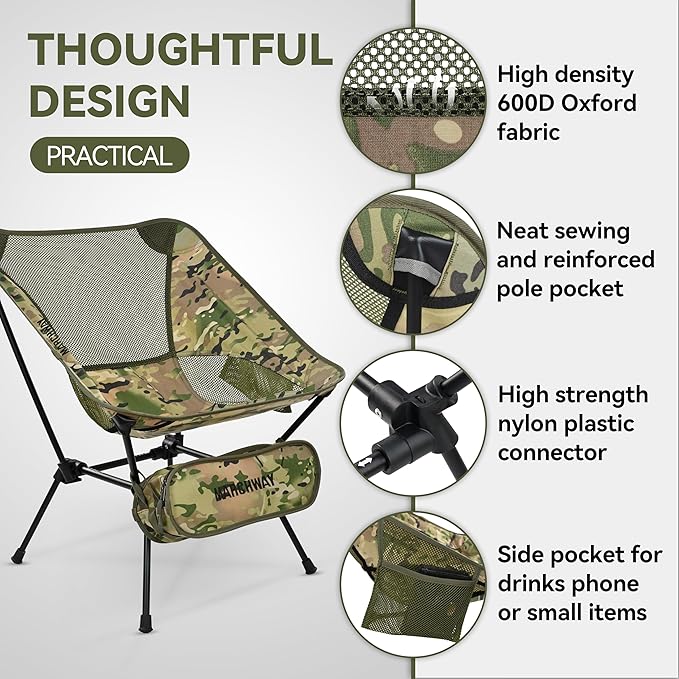MARCHWAY Ultralight Folding Camping Chair, Heavy Duty Portable Compact for Outdoor Camp, Travel, Beach, Picnic, Festival, Hiking, Lightweight Backpacking (Camo)