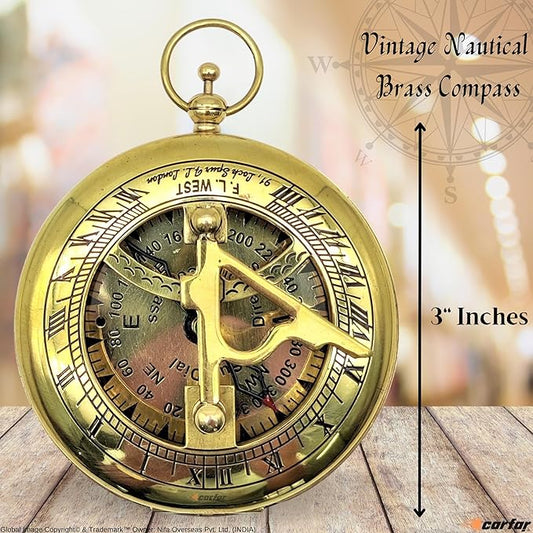 Nautical Sunclock Compass Handmade Solid Brass Vintage Style Sundial Push Open Navigational Compass with Leather Gift Case Best for Your Loved Ones