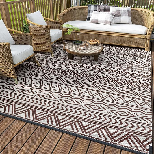 MontVoo Outdoor Rug 8x10 Waterproof Outdoor Patio Rug Mat Reverisble Plastic Straw Outdoor Rug for RV Camping Picnic Beach Balcony Boho Beige Brown