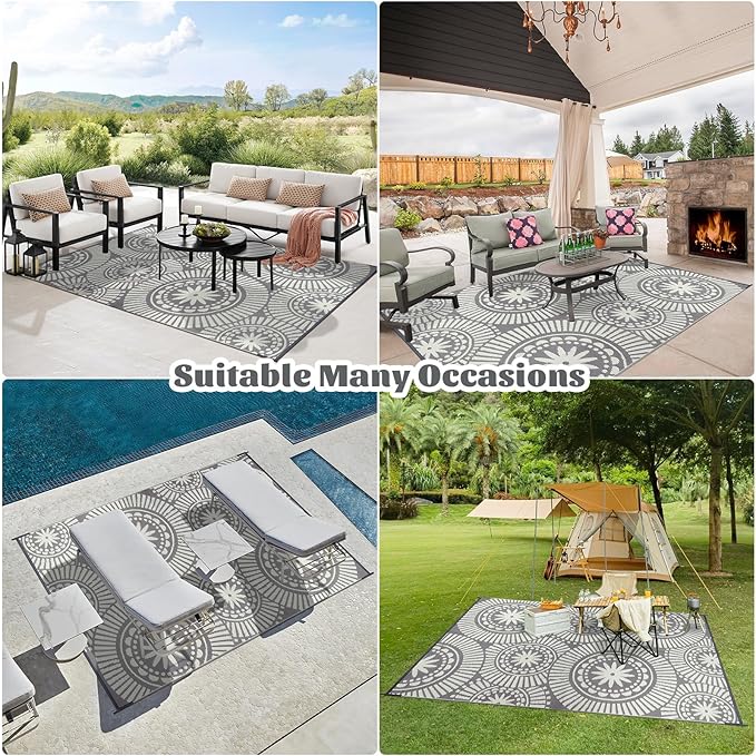 Ileading Reversible Plastic Outdoor Rug Modern Geometric Style Patio Straw Mat Waterproof Deck Carpets Non Shedding Portable Area Rugs for RV Beach Backyard Outside Pool Picnic Camping (5'x8'Grey)