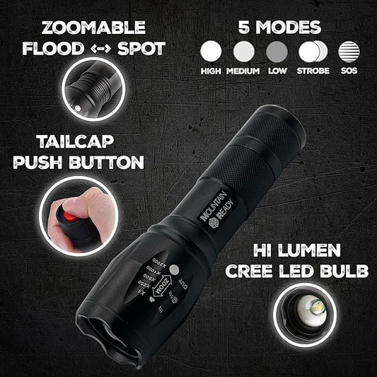 LED Flashlight – Bright, Zoomable, High Lumen 5-Mode Tactical Flashlight – AAA Batteries & Case Included. Perfect for Emergencies, Outdoors, Camping, EDC or a Gift.