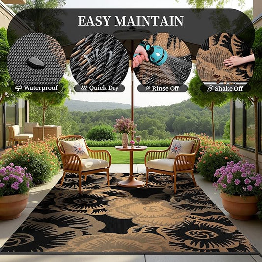MontVoo Outdoor Rug-Waterproof Patio Rug Mat 6x9 Outdoor Carpet Mat Reversible Plastic Straw Outside Outdoor Rug for RV Camping Picnic Beach Balcony Backyard Pool Deck Farmhouse Floral Black Brown