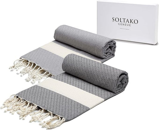 SOLTAKO XXL 2X Turkish Beach Towels - Quick Dry - Sand Free - Oversized Fouta Peshtemal - 100% Cotton - Hand Woven Bath Towel - Light Blanket Camping Sauna Yoga - Gift Set 78"x40"